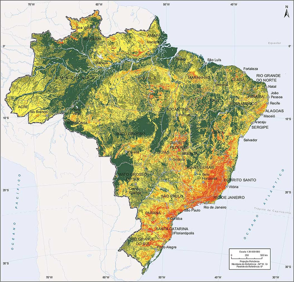 Mapa do Brasil em escala de cores mostrando a susceptibilidade a deslizamentos de terra.