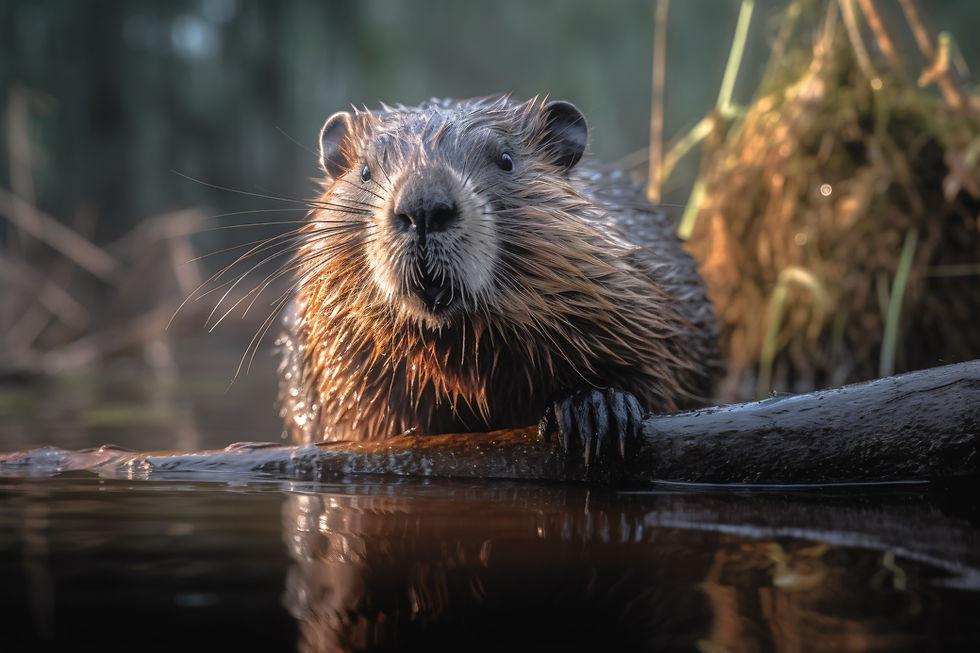A beaver holds onto a log in shallow water