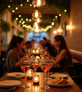 A warm, inviting interior shot of a Mediterranean restaurant with soft lighting, people en