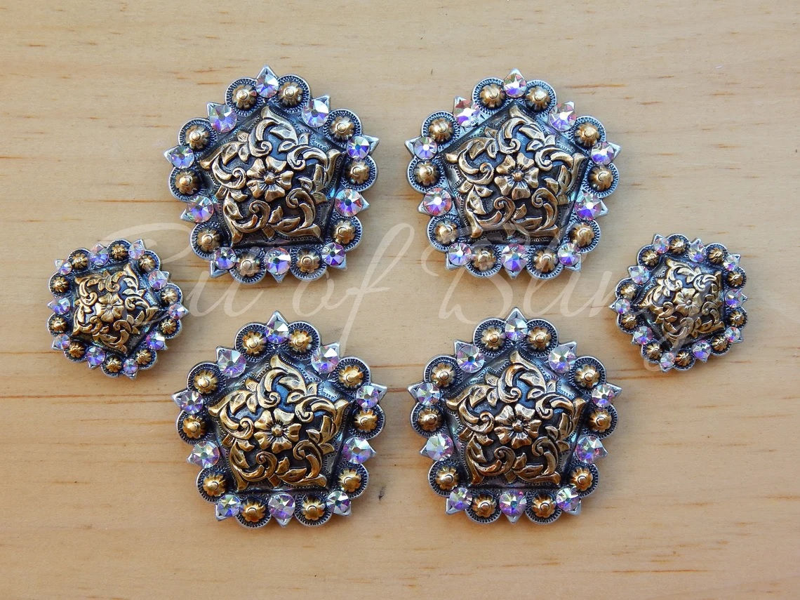 Antique Silver & Gold Floral Berry Pentagon Saddle Concho Set - Crystal AB