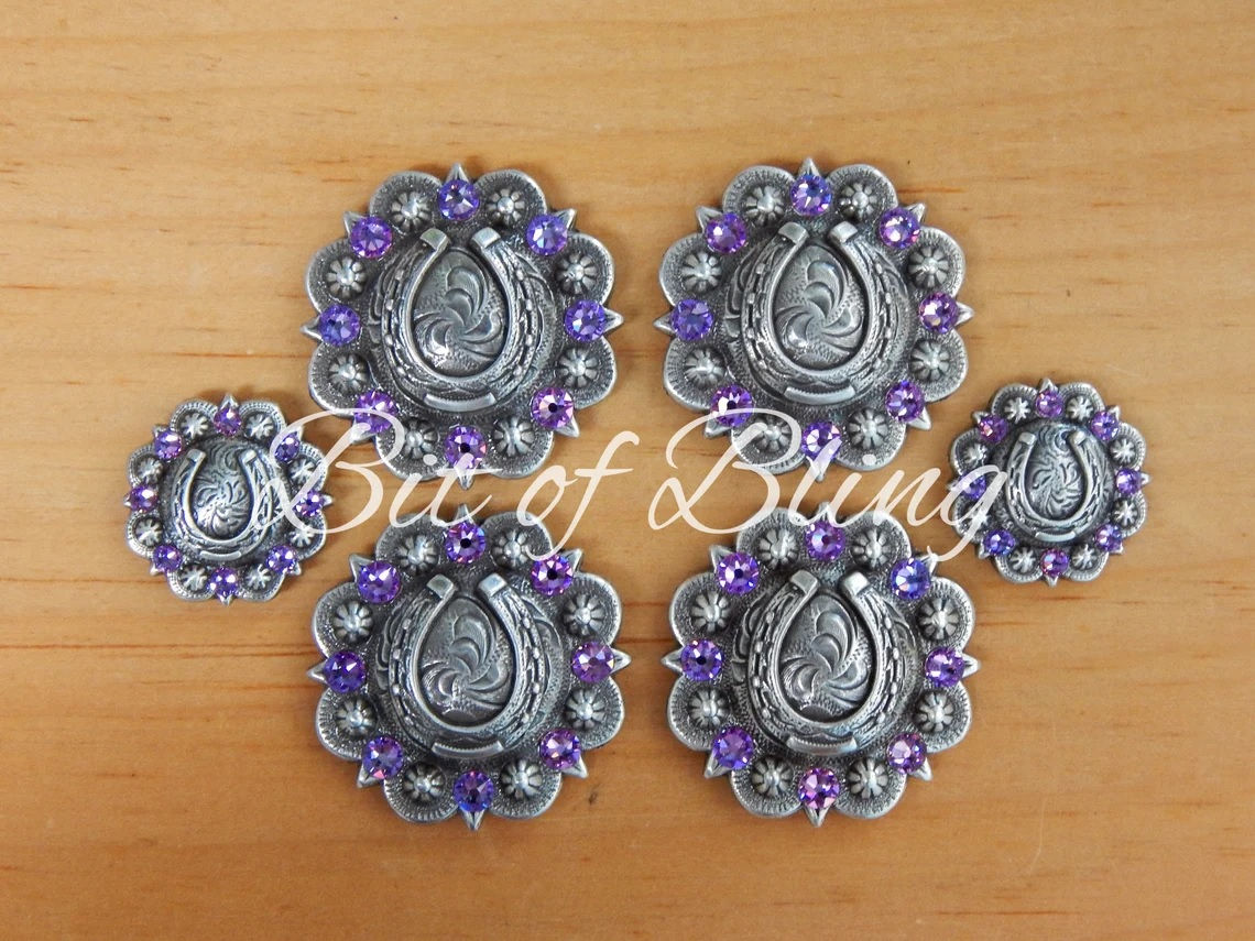 Antique Silver Horseshoe Berry Saddle Concho Set - Lt. Vitrail