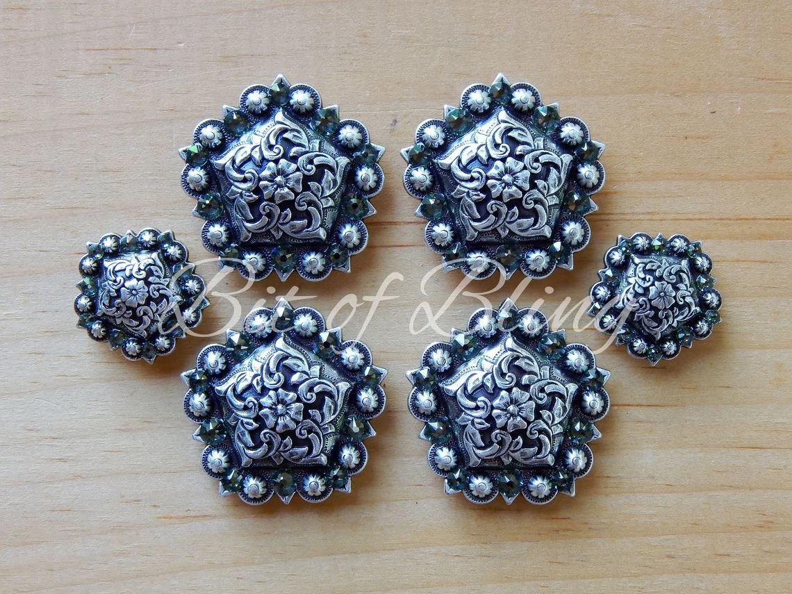 Antique Silver Floral Berry Pentagon Saddle Concho Set - Erinite