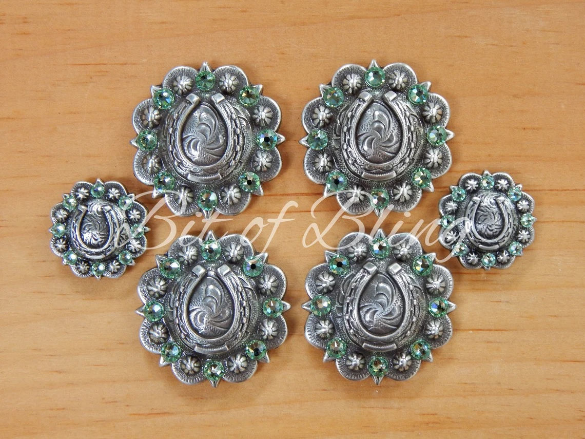Antique Silver Horseshoe Berry Saddle Concho Set - Chrysolite