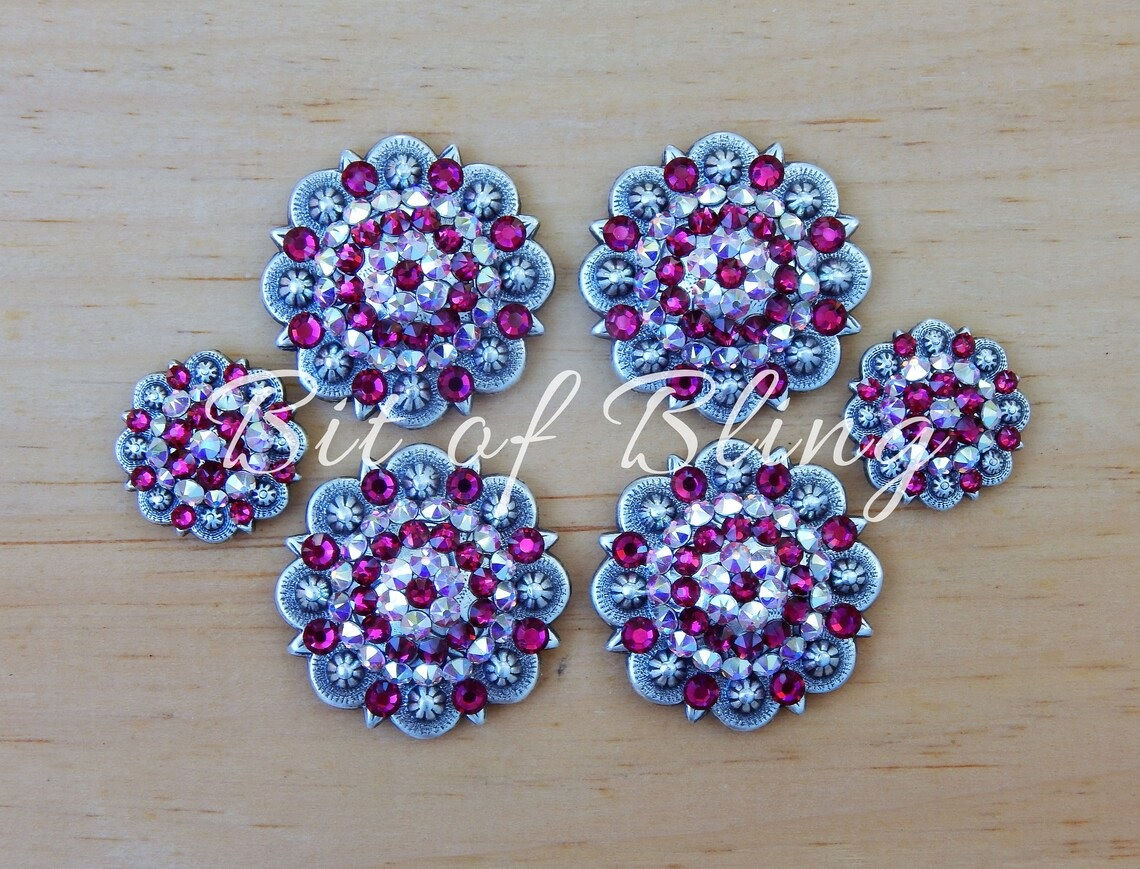 Antique Silver Berry Saddle Concho Set - Ruby & Crystal AB