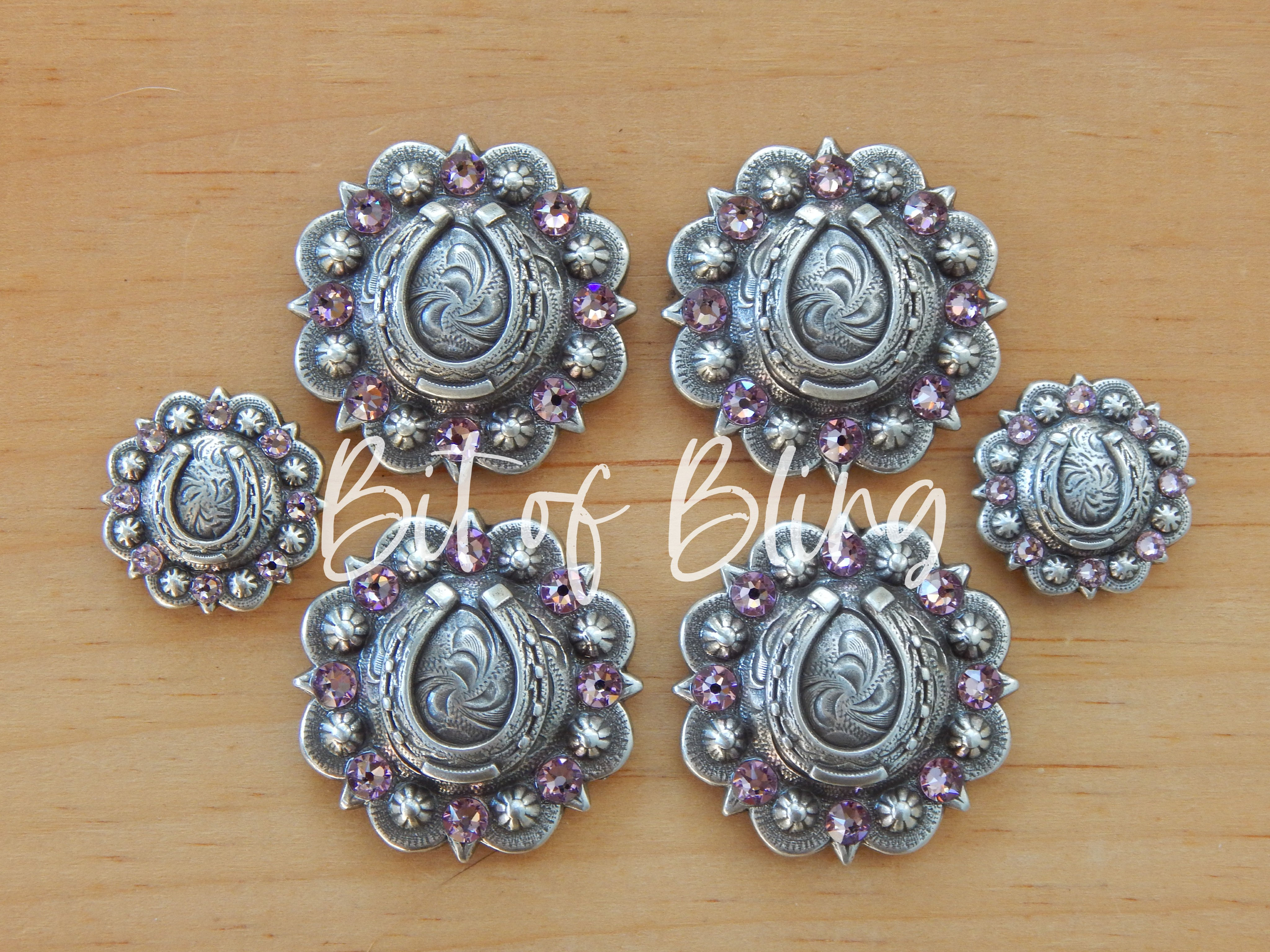 Antique Silver Horseshoe Berry Saddle Concho Set - Light Amethyst