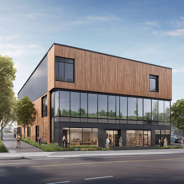 four level self storage building with a glazed office facade, retail on the ground floor a