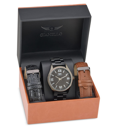Gianello Monarc Black Interchangeable 3 Strap Watch Set | Gianello