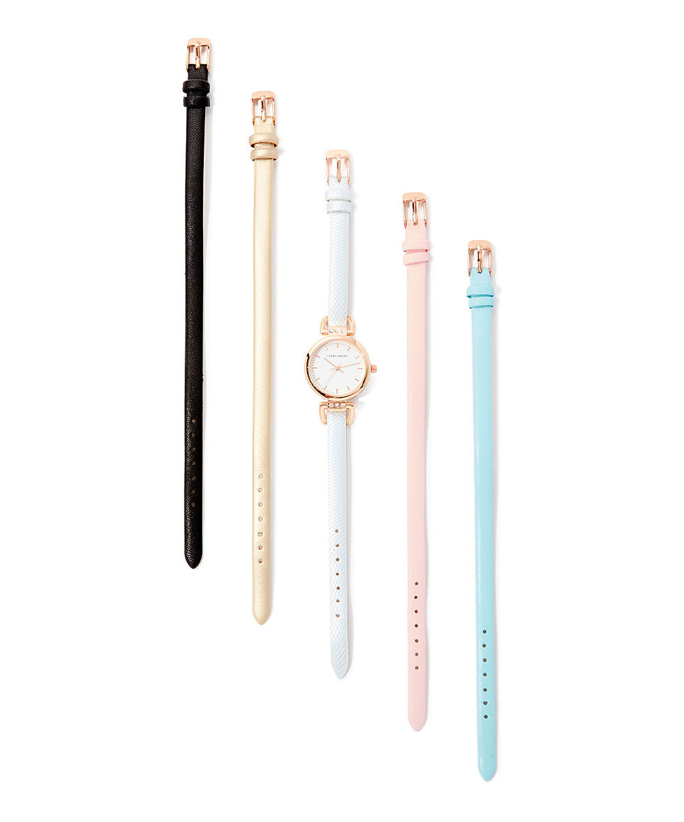 Thumbnail: Laura Ashley Women's Skinny Strap Watch Set 5 Interchangeable Straps