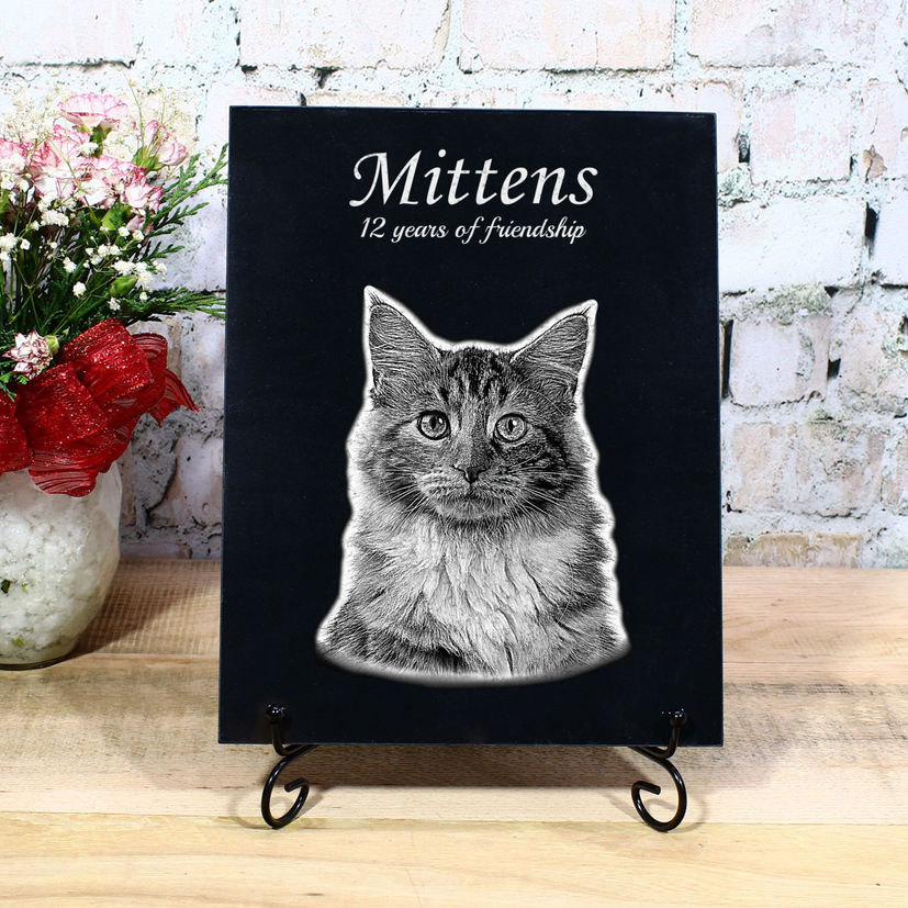 Marble stone memorial plaque for a cat with photo engraving