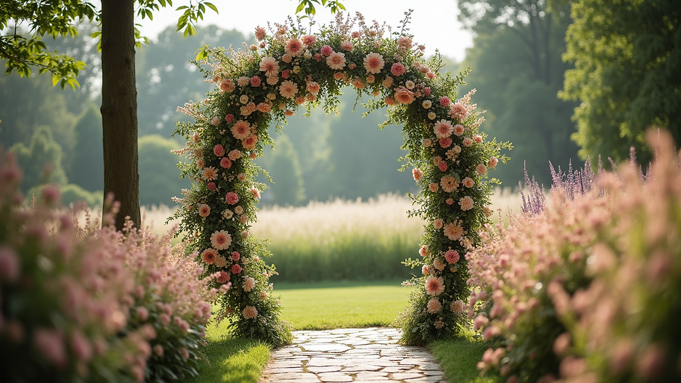 Eye-level view of a floral arch with mixed flowers and greenery at a wedding venue