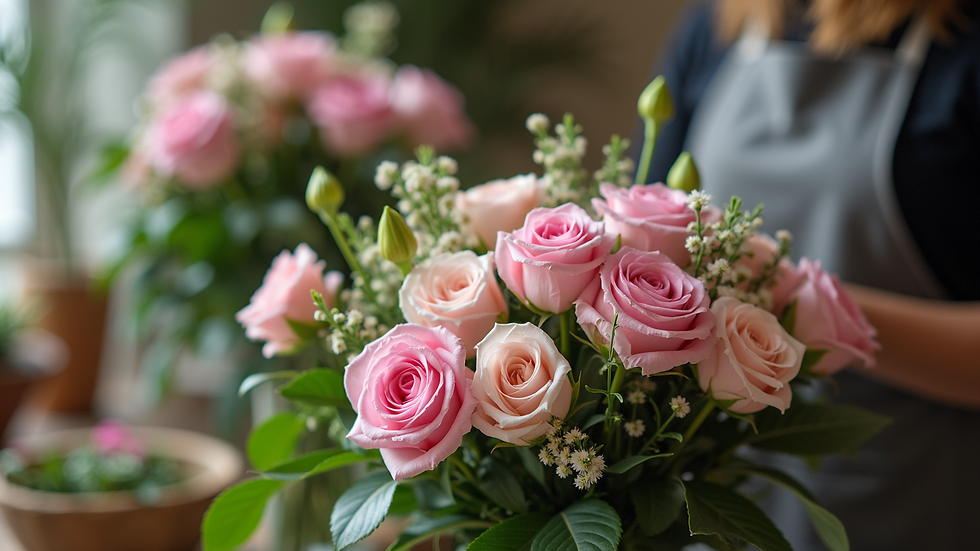 Close-up of a florist carefully arranging a custom bouquet