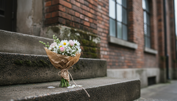 Eye-level view of a small bouquet wrapped in brown paper resting on a concrete step
