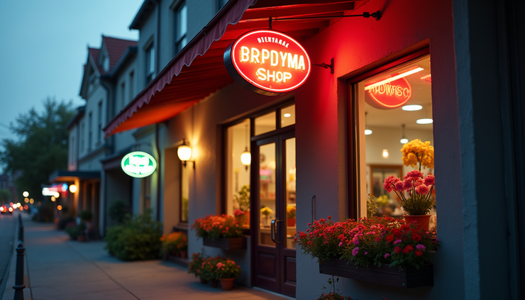 Eye-level view of a vintage flower shop storefront with a neon sign glowing at dusk