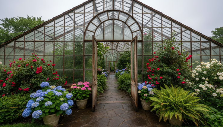 Eye-level view of an old greenhouse entrance surrounded by potted flowers and weathered glass.
