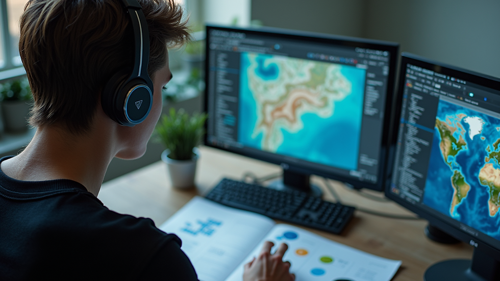 High angle view of a person working on GIS mapping on a computer