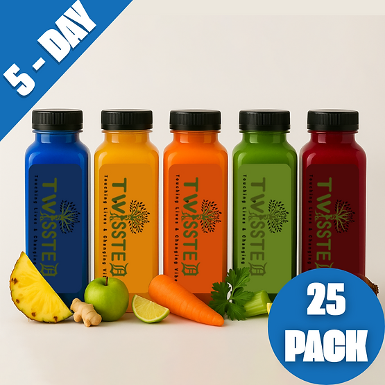 Five colorful juice bottles with fruits and veggies, labeled "TWISSTE.D" Text: "5-DAY" and "25 PACK" in blue circles. Five colorful juice bottles with fruits and veggies, labeled "TWISSTE.D" Text: "5-DAY" and "25 PACK" in blue circles.