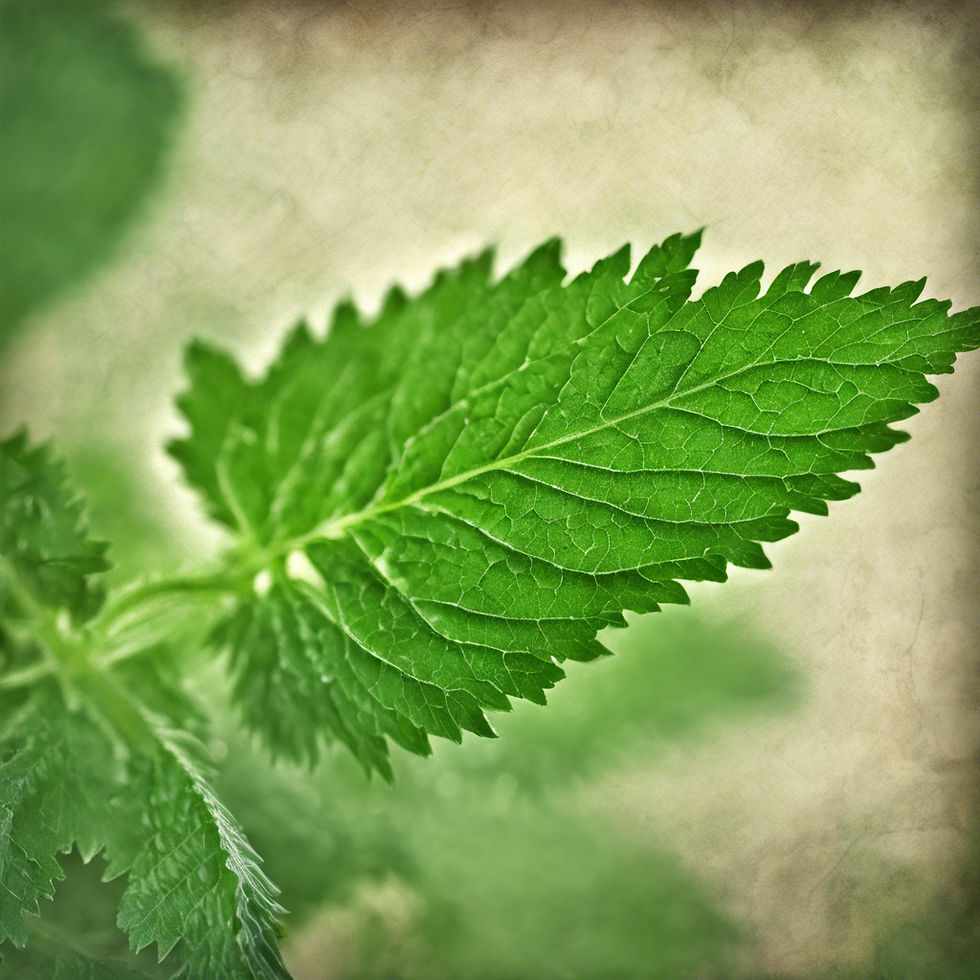 Close-up of a vibrant green mint leaf, showcasing its textured surface and serrated edges against a soft, blurred background.