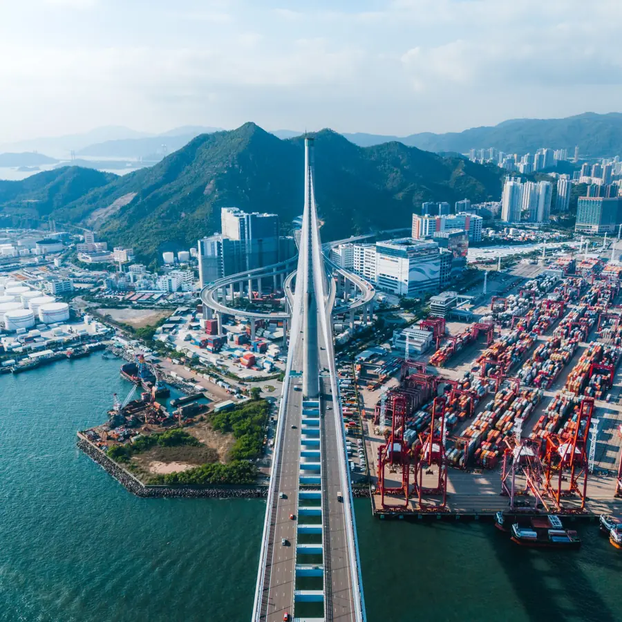 Aerial view of Stonecutters Bridge and the Kwai Tsing container terminals in Hong Kong