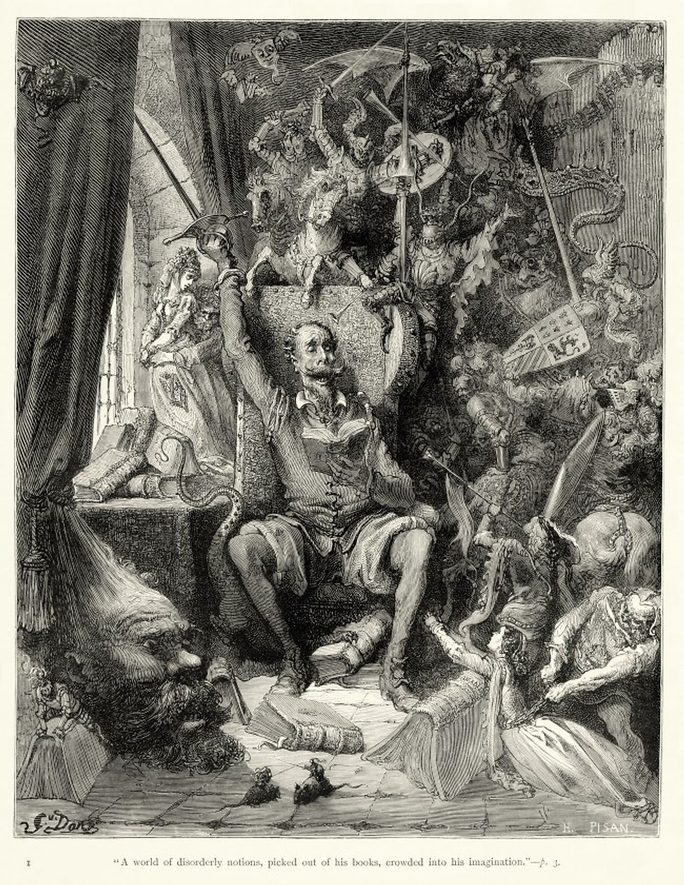 Image 16_Gustave_Doré_-_Miguel_de_Cervantes_-_Don_Quixote_-_Part_1_-_Chapter_1_-_Plate_1_'A_world_of_disorderly_notions,_picked_out_of_his_books,_crowded_into_his_imagination'