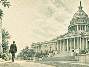 Hombre con traje camina hacia el Capitolio de EE. UU. en una ilustración verde sepia, con escalinatas y cielo nublado
