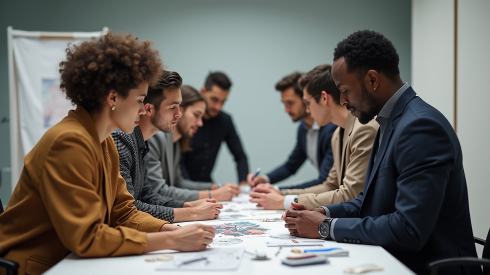 Eye-level view of a diverse fashion team collaborating on a design project