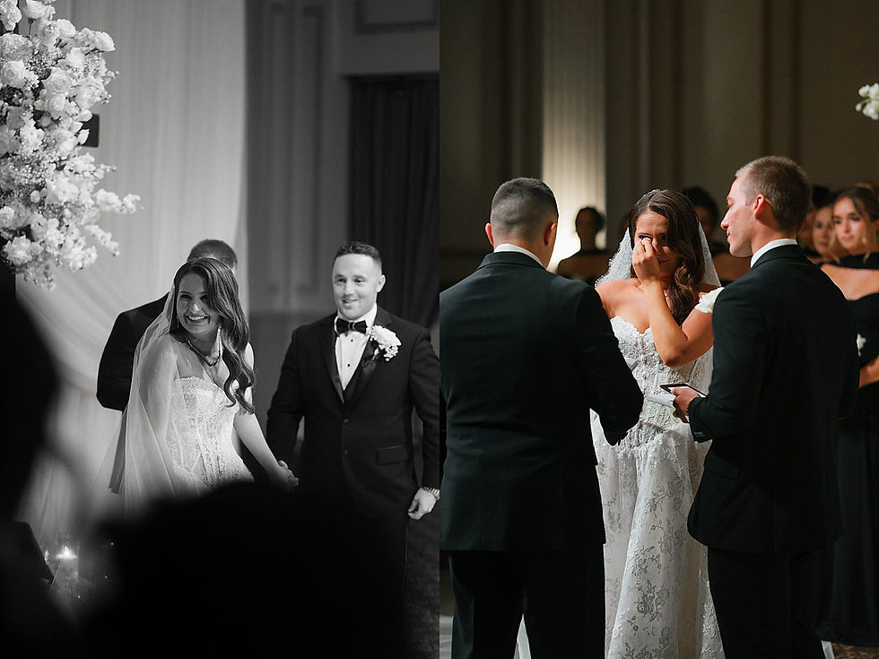 Split wedding photo: bride in a lace gown smiles on left, then wipes tears on right during ceremony with groom and officiant.