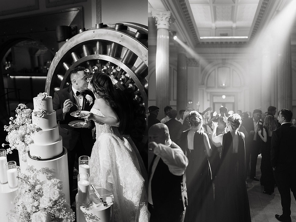 Black-and-white wedding collage: bride and groom kiss beside a tiered cake, while guests dance under bright hall lights.