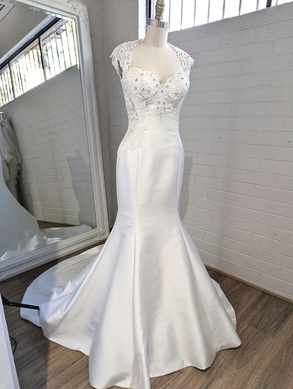 Mikado Trumpet wedding dress with beaded lace detail and low back