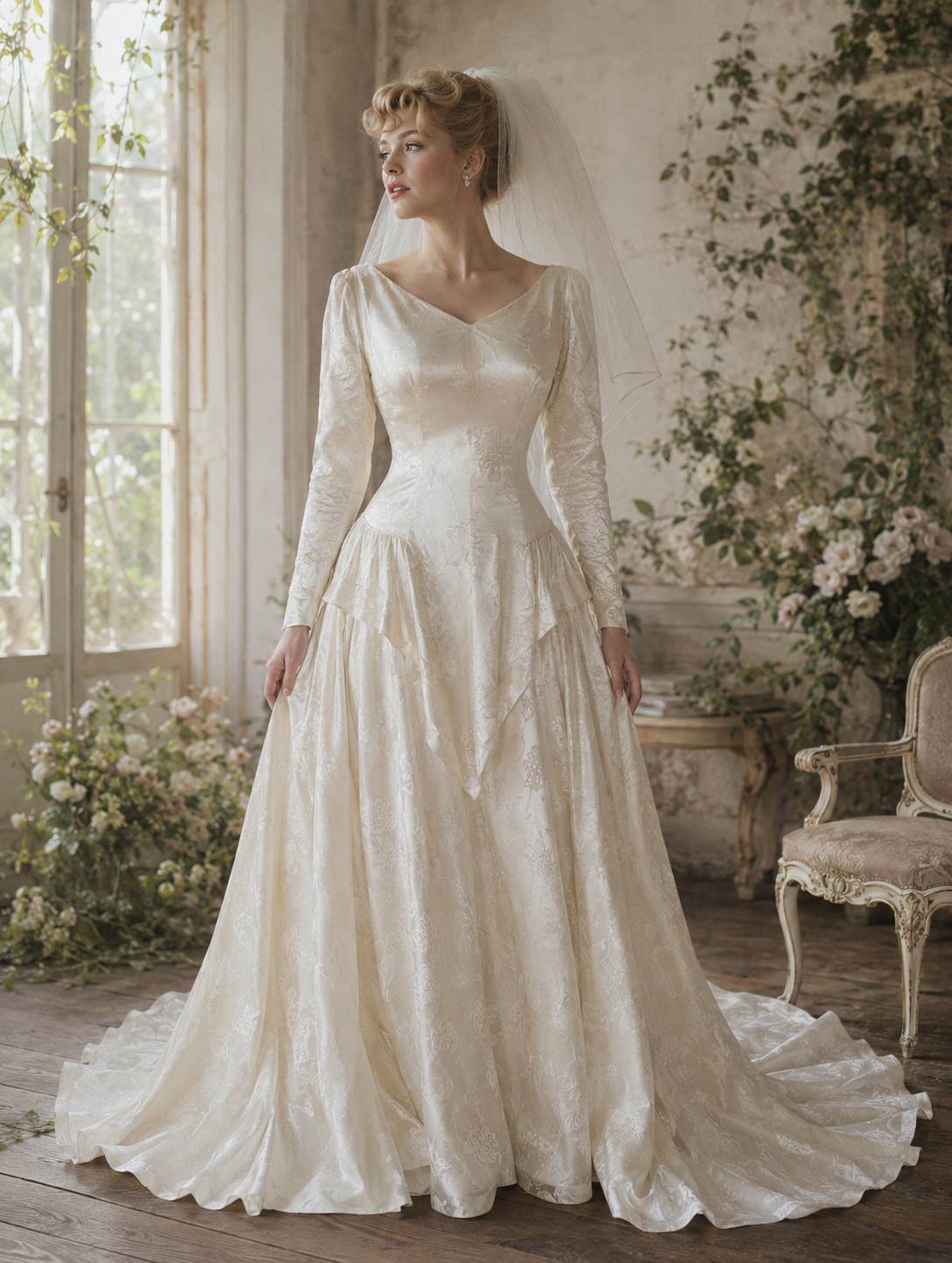 1950's Vintage satin jacquard wedding dress. Size 4-6