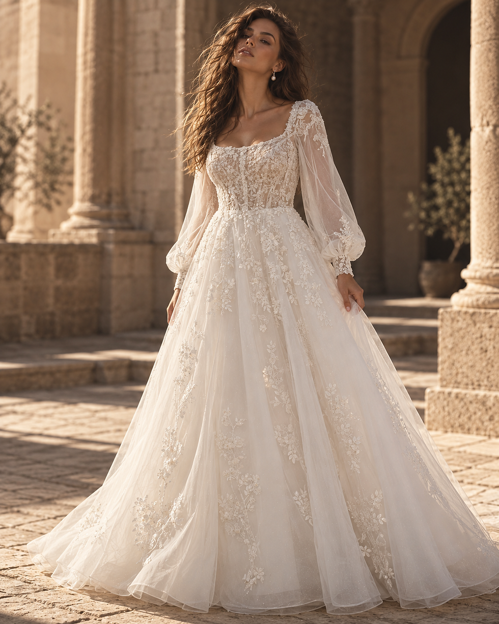 Aurelia lace A-line wedding gown with square neckline from the Love Me Twice Curated Collection