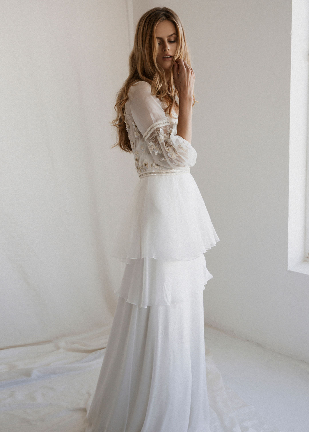 Bo and Luca Darcy, Ivory Silk beaded Boho style wedding dress, size 12,