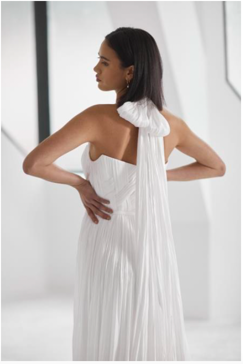 Thumbnail: Hera Couture Raina Micro pleated satin wedding dress with leg split at love me twice