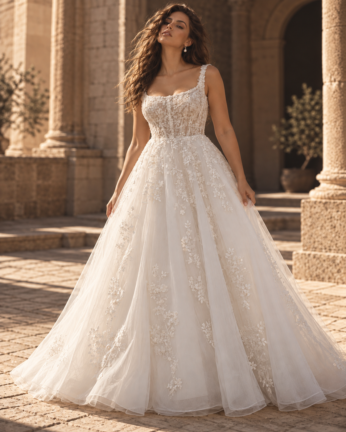 Aurelia lace A-line wedding gown with square neckline from the Love Me Twice Curated Collection