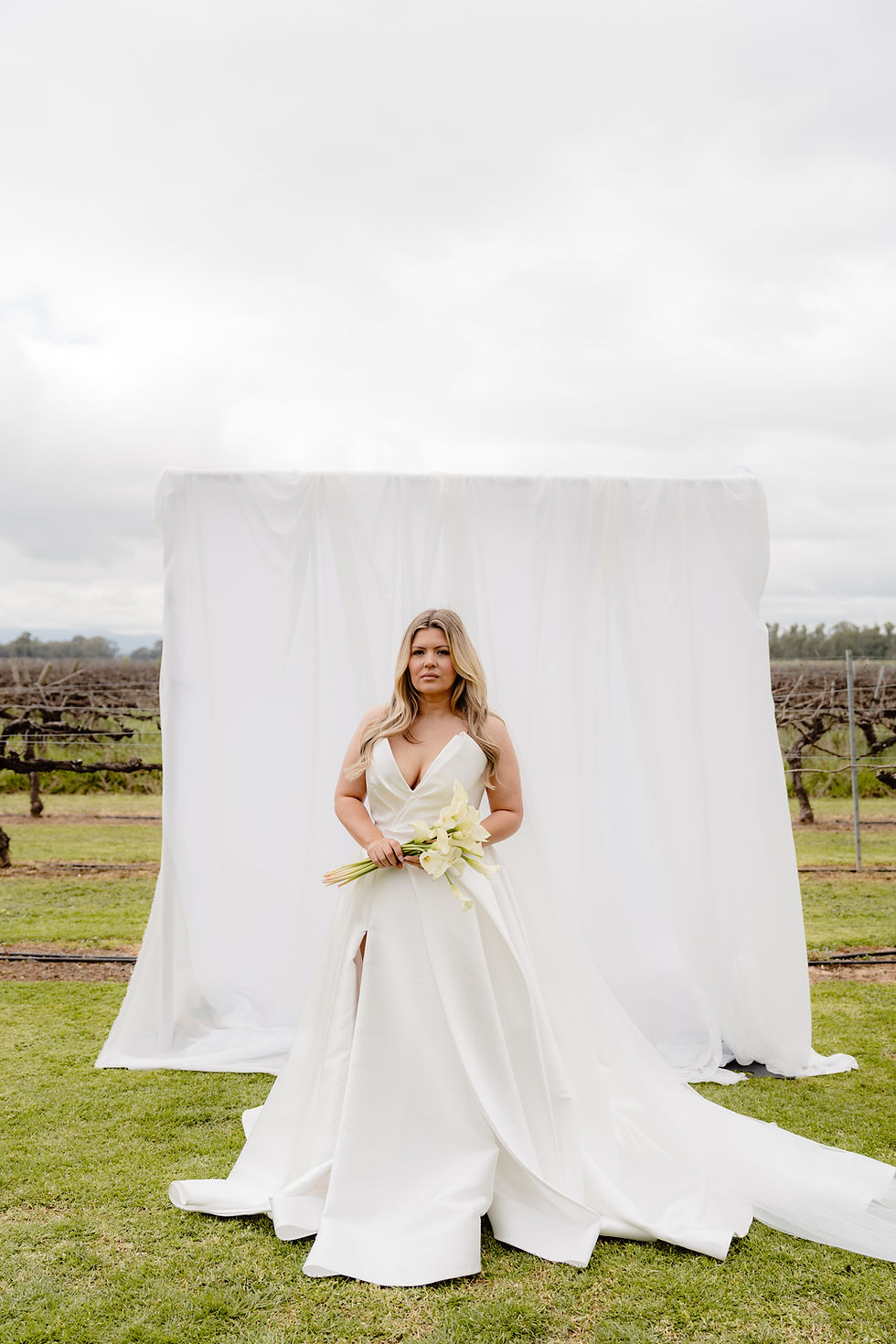 Lucienne silk mikado A-line wedding dress with train, modern structured bridal gown made in Australia