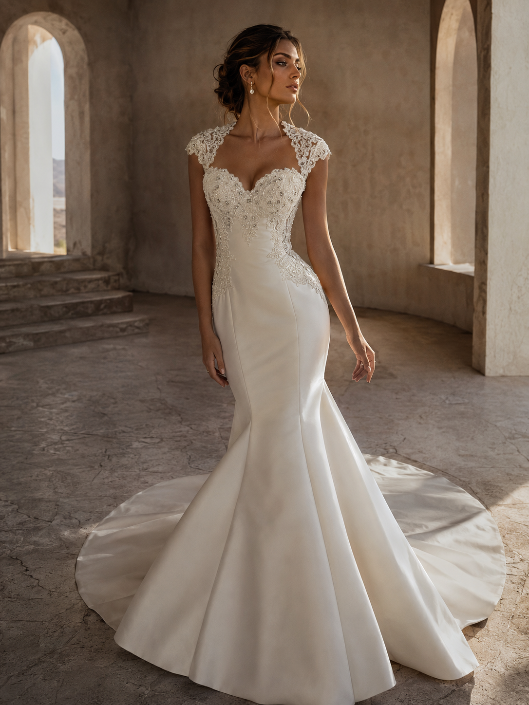 Archival collection , size 8-10, Mikado trumpet low back lace wedding dress