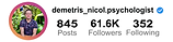 Instagram profile of Demetris Nicolaides: @demetris_nicol.psychologist, with 61.6K followers.
