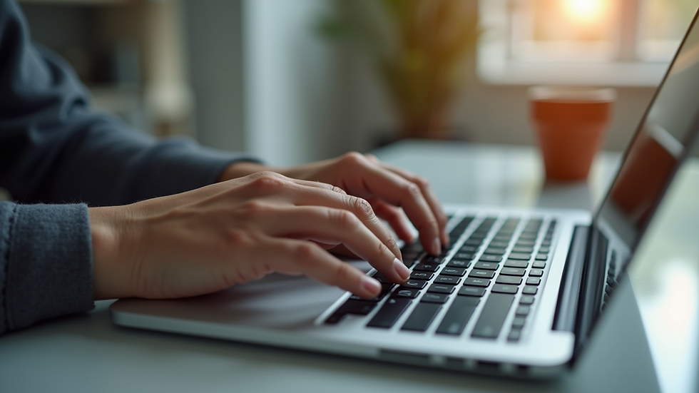 Close-up view of a person typing a blog post on a laptop