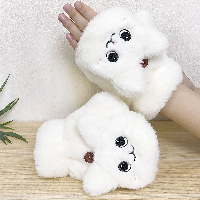 Thumbnail: Cute Rabbit Fur Knit Mittens Plush Fingerless Gloves Flip Half Finger Driving Gl
