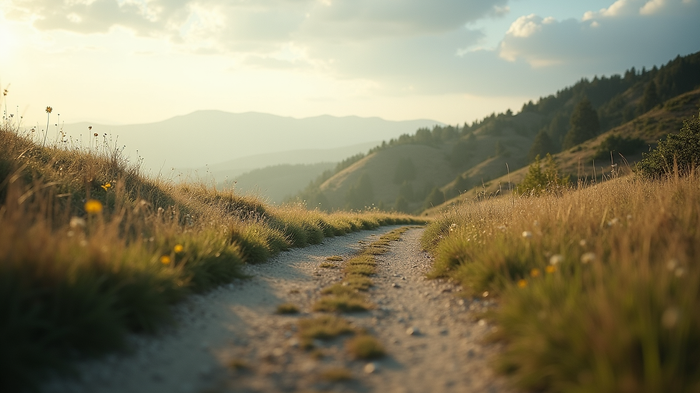 Eye-level view of a serene landscape with a winding path