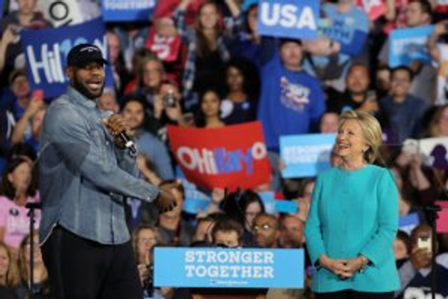 NBA basketball player Lebron James introduces U.S. Democratic presidential nominee Hillary Clinton during a campaign rally in Cleveland