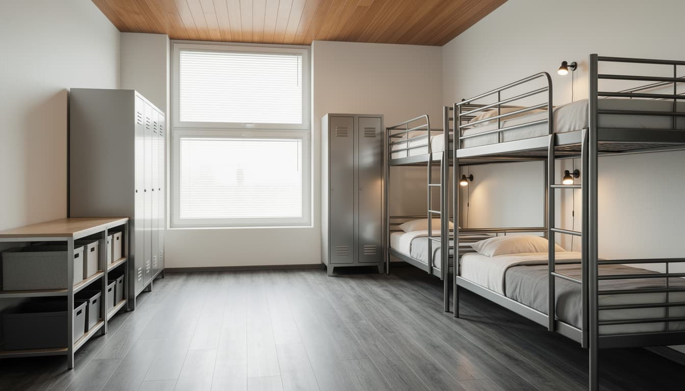 Habitación de 4 camas para trabajadores con literas, ideal para estancias en grupo.
