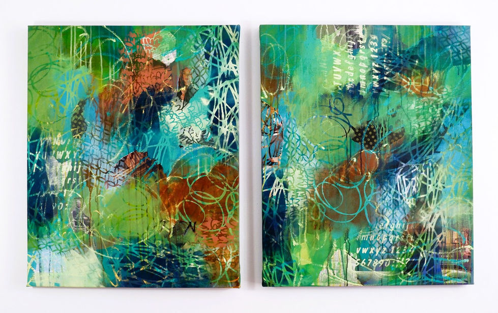 Disrupted Transmission- Diptych 
Acrylic, collage, mixed-media on canvas 
34 x 26 in each
34 x  54 in diptych