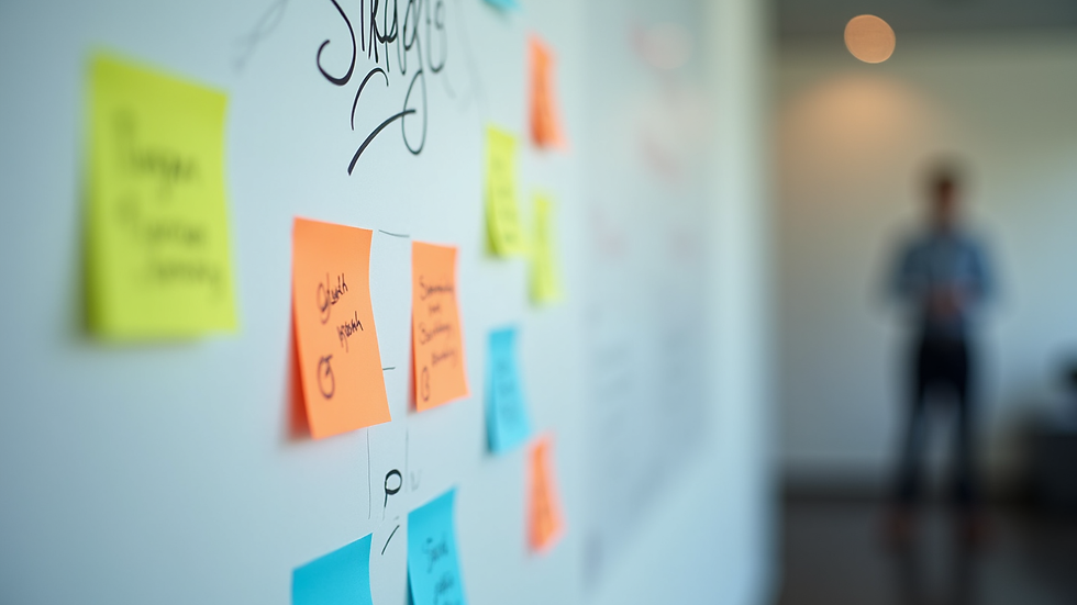 Close-up of a whiteboard filled with colorful business strategy notes