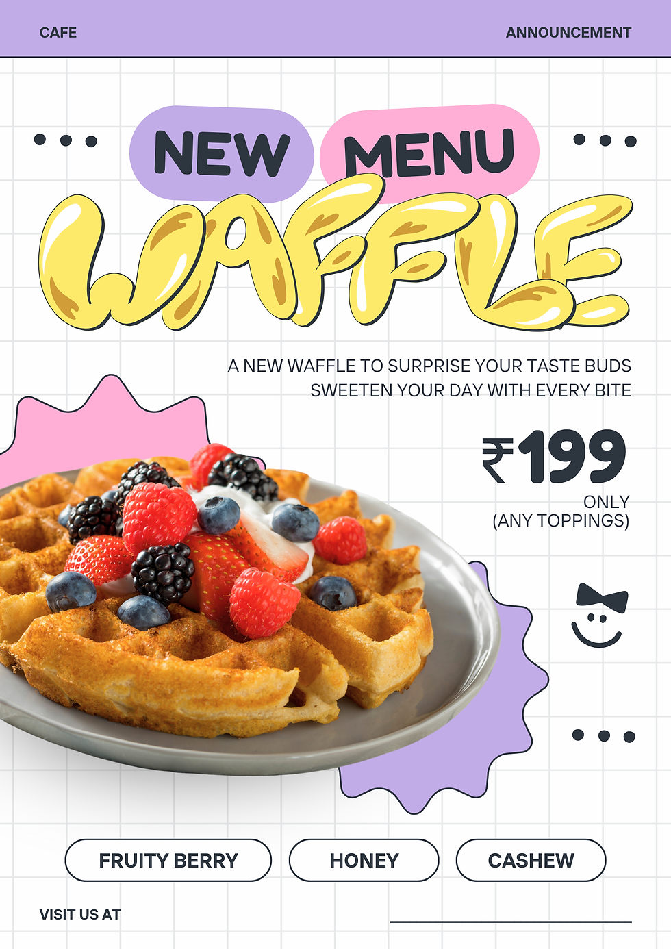 Cafe new waffle menu announcement for 199 rupees.