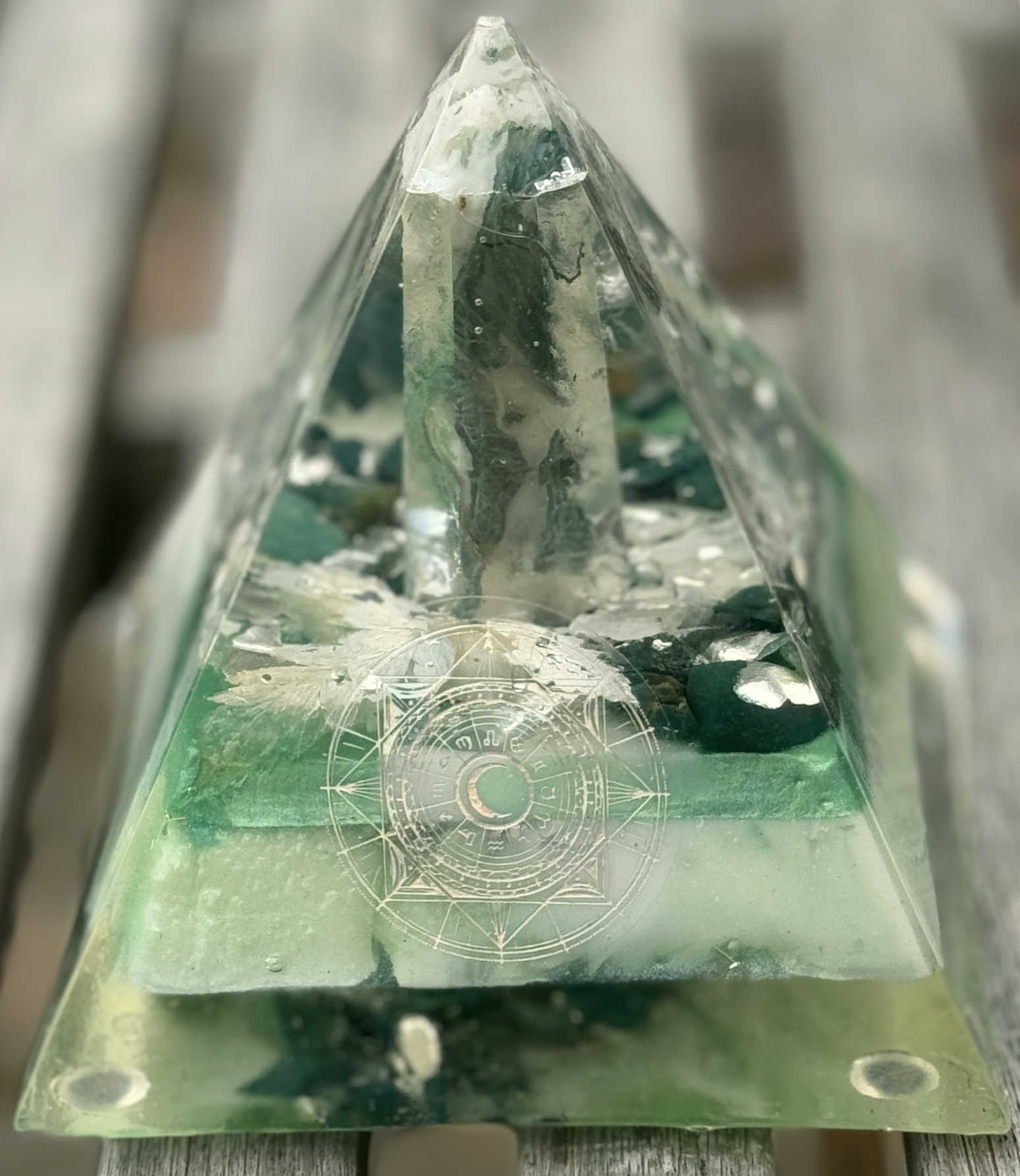 Moss Agate Tower, Bloodstone and Moonstone Pyramid