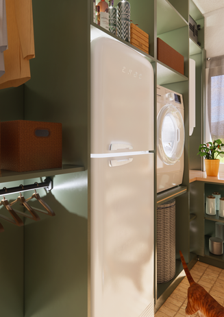 5 m² alanda buzdolabı, çamaşır makinesi, sebil ve termosifonun entegre edildiği çok amaçlı kiler düzeni.