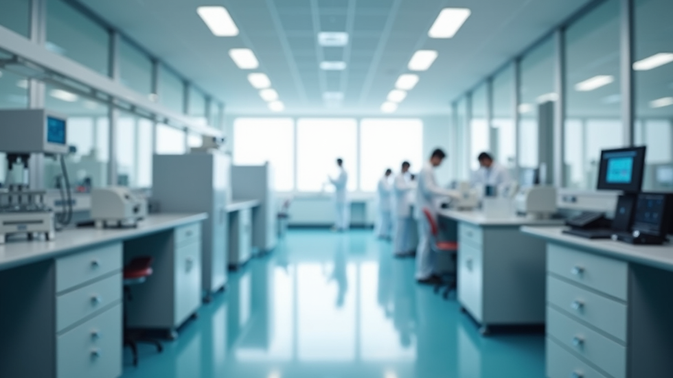 Vista frontal de un laboratorio clínico moderno con equipos de análisis
