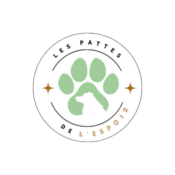 Logo vert sauge comportant une patte de chien avec un berger australien, identifié par Les pattes de l'espoir.