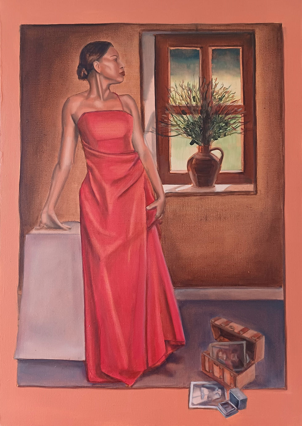 Red dress, 29.7x42cm, oil on board