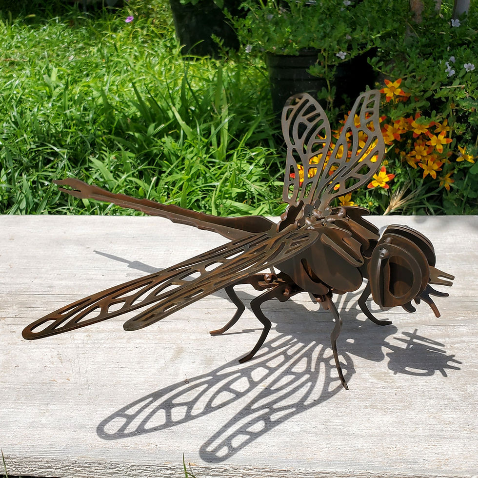 Thumbnail: Rusted metal dragonfly sculpture by Ironstone Steel with intricate 3D wings and body, handcrafted from 14 gauge steel with si
